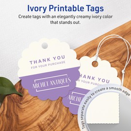 Avery Printable Round Scalloped Tags with Sure Feed Technology, 2-1/2" Diameter, Matte Ivory Cardstock, Print-to-the-Edge, Laser/Inkjet, 90 Total, Great for Custom Gift Tags and Branding Tags