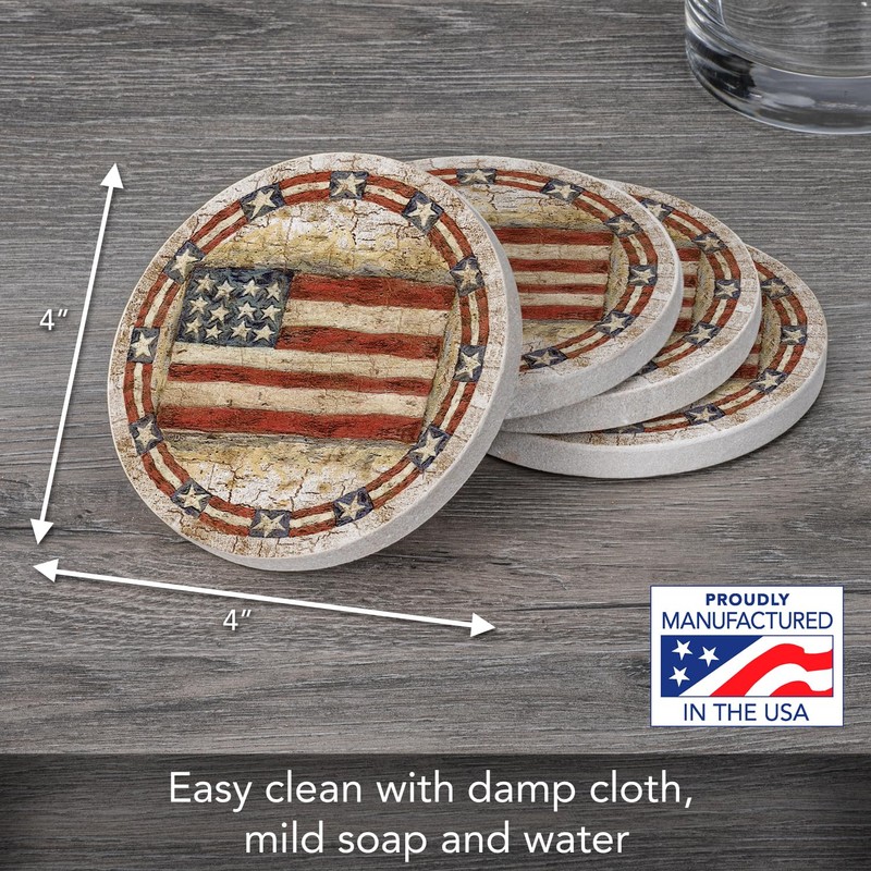 Thirstystone Americana Natural Sandstone Coaster 4 Pack Eco-Friendly, Absorbent, Easily