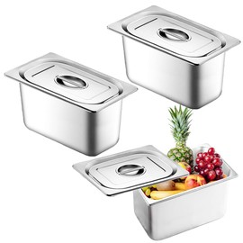Piashow Breading Bowls Set of 3, Gastro Containers, Rectangular, GN Container, Stainless Steel with Lid, Gastronorm Container, Food Grade Ingredient Container (17.5 x 11 x 10 cm)