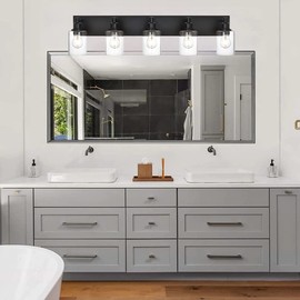 Lucidce Bathroom Vanity Light Fixtures Black 5- Light Industrial Sconces Black Lights with Clear Glass Shades Modern Vanity Lighting for Porch Hallway Bedroom