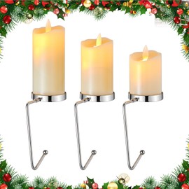 Christmas Stocking Holders for Mantle LED Candle Lights Set of 3, Flickering Flameless Votive Candles Stocking Hangers for Fireplace, Candle Stocking Hook for Fireplace Counter Mantle Decoration
