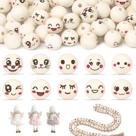 Pack of 100 Wooden Beads with Face, 20 mm Wooden Balls with Hole, 10 Styles Wooden Beads for Threading, Wooden Heads for Worry Worm, Wooden Beads Natural Round for DIY Crafts Decorations, Lucky Worms