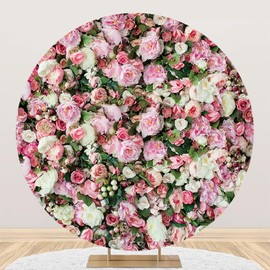 AOFOTO 7.2x7.2ft Pink Rose Flowers Theme Round Backdrop Cover Spring Blush Floral Blossom with Green Leaves Wedding Valentines Day Photography Background Bridal Shower Party Decor Lovers Photo Props