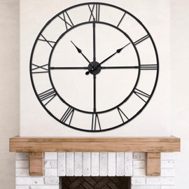 Ohweog Large Wall Clock for Living Room Decor – 32 Inch Knocked-Down (KD) Silent Non-Ticking Modern Farmhouse Wall Clock, Oversized Decorative Metal Roman Numeral Clock, Black
