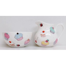 Fairy Cupcakes Cream/Milk Jug and Sugar Bowl Fine Bone China Matching Set Hand Decorated in UK