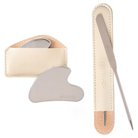 すらりフェイスボディ かっさ 【公式】 かっさプレート カッサ ハート型 ボディ用 マッサージ 顔 | 耐久性の高いメタル製 小顔 美顔 スキンケア 自宅エステ 上質なギフト ステンレス鋼 | 「付属」美肌スクレーパー（オイルやクリームを均一に塗布できる）＋携帯用レザー収納ケース 【Banssg】シルバー (ハート型グアシャ + 初代ファンデーションスパチュラ)