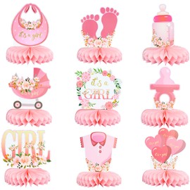 Gyufise 9Pcs Pink Baby Shower Decorations Honeycomb Centerpieces for Girls Floral It's a Girl Gender Reveal Table Centerpiece Party Supplies Baby Girl Pregnancy Announcement Table Topper