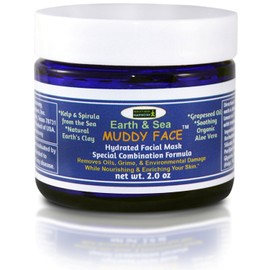MUDDY FACE (Earth & Sea) Pre-Mixed (Hydrated) Spa Quality Facial Clay Mud Detox Mask, Organic Aloe Vera, Grapeseed Oil, Vit. C, Kelp & Spirulina Seaweed, Minerals, Kaolin & Bentonite Clay, 2.5 oz Jar
