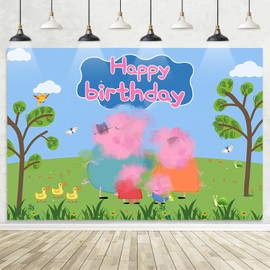 5x3FT Backdrop, Birthday Party Decorations Photography Cartoon Pig Theme Party Supplies Backdrop, Happy Birthday Banner Background for Kids Boys Girl