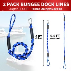NIUTRIP Bungee Dock Line with Stainless Steel Clip Boat Rope Mooring String with Foam Float for Docking,Kayak,Watercraft,SeaDoo,Jet Ski,Canoe,Pontoon Boat Accessories,4-5.5ft,2 Pack(Blue&White)