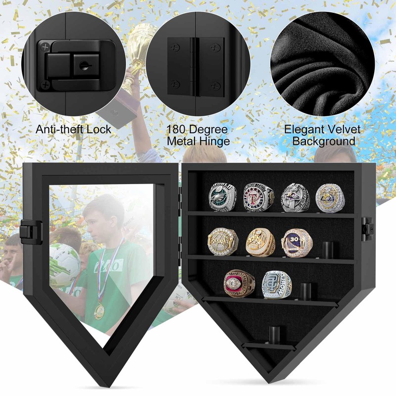 Championship Ring Display Case, 12 Posts Baseball Ring Holder, Lockable