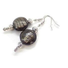 Handmade earrings in flat brown lampwork glass beads and silver-plated brass, vintage style, French craftsmanship