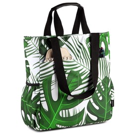 VASCHY Beach Bag for Women, Floral Lightweight Shoulder Tote Bag Foldable Water Resistant Sandproof Handbag Pool Gym Bag with Zip and Multi-pockets for Vacation, Travel(Flesh Leaves)