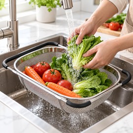 Adjustable Stainless Steel Sink Strainer Basket for Washing Produce – Expandable Mesh Colander for Kitchen Sink