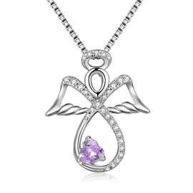 jiamiaoi Guardian Angel Wings Chain 925 Silver with 12 Months Birthstone, Angel Wings Pendant Necklace Infinity Chain Cross Necklace for Women Ladies, Cubic Zirconia