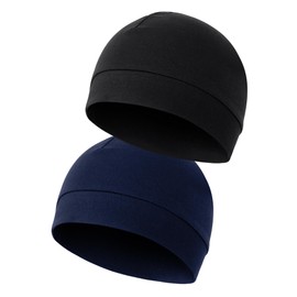 MELLIEX 2 Packs Skull Caps Beanie, Unisex Cycling Helmet Liner Cap Thin Cotton Multifunctional Winter Beanie Hat for Running Sleeping Black, Blue