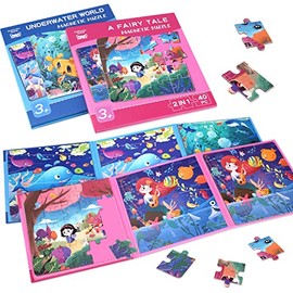 Magnetic Puzzles for Kids Ages 3 4 5, Two-Books Set, Mermaid Animal Wooden Jigsaw Puzzles Book for Toddlers, Travel Games, Preschool Educational Learning Toys for 3 4 5 Year Old Boys and Girls
