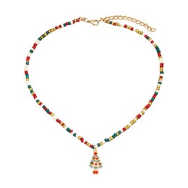 IMINI Cute Snowman Santa Claus ELK Pendant Necklace for Women Girls Charm Christmas Tree Bow Wreath Cookie Man Pendant Chocker Adjustable Beaded Chain Necklace Fashion Xmas Jewelry Gifts (Xmas Tree)