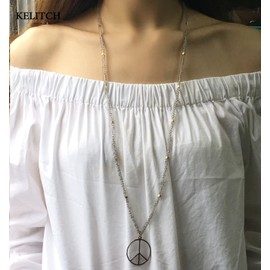 KELITCH Classic Peace Sign Necklace Love Hippie Pendant Frosted Crystal Beaded Necklace