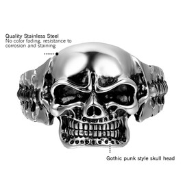 Cupimatch Men's Punk Rock Bracelet Gothic Elastic Silver Black Stainless Steel Twisted Cable Skull Bangle 25 cm, Stainless Steel