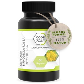 Griffonia & Rhodiola Rosea Happy Formula - 100% Natural Lucky Formula | Stimulates Serotonin Production | Alternative to Mood Brighteners | + Balancing Rose Root | 60 Capsules