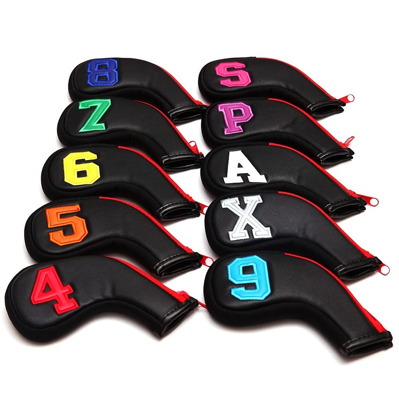 Colorful Number Black PU Golf Club Irons HeadCover Zipper 10pcs
