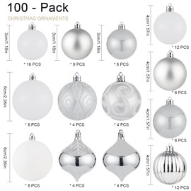 100ct Assorted Christmas Ball Ornaments Set,Shatterproof Seasonal Christmas Tree Decorations with Reusable Gift Package for Xmas Holiday Wedding Party and Home Decor(Silver)