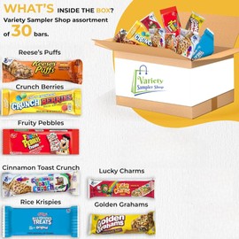 Cereal Bars Variety Pack Breakfast Food Snack Box 30 Individually Wrapped Granola Bars Lucky Charms, Cinnamon Toast Crunch, Golden Grahams, Peanut Butter Puffs