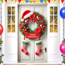 BlissYard Christmas Door Cover 71x35 Inch Holiday Front Door Banner with Santa Hat Poinsettia Pinecones Stockings Ornaments Festive Christmas Door Decoration for Indoor Outdoor Entryway Porch Decor