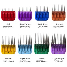 MOKSI Guide Combs Stainless Steel 8 Colors 1/8"-1/4"-3/8"-1/2" -5/8" -3/4"-7/8"-1"-Hair Clipper Replacement Blades Suitable for Andis for Oster for Wahl KM10 Series (Only Fit Snap on Size #10/15/30)