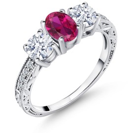 Gem Stone King 2.52 Cttw Red Created Ruby 3-Stone Engagement Ring For Women | 925 Sterling Silver | Oval 7X5MM and Round 5MM | 3 Stone Wedding Anniversary Promise Ring For Women (Size 7)