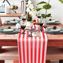 Mecerypt 6 Pieces Striped Table Runner Wedding Polyester Table Decor Red White Striped Design Tablecloth Decor 12 x 108 Inch