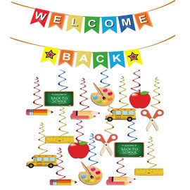 Welcome Back Banner With Hanging Swirls Party Decorations,33 PCS Back To School Banner Ceiling Decorations For First Day Of School Office Classroom Door Decorations Party Supplies