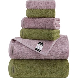 SEMAXE 6-Piece Mixed Color Towel Set (Green, Purple) - 100% Cotton, Lightweight, Absorbent, Quick-Drying Bathroom Towel, Ideal for Couples and Gifts, Bath Towel, Hand Towel, and Washcloth Per Color