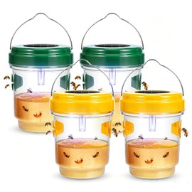 2026 Upgraded Solar Wasp Traps Outdoor Hanging, 4 Pack Hornet & Bee Traps with LED Light, Reusable Yellow Jacket Trap for Outdoors, Carpenter Bee Protection for Patio, Backyard, Garden