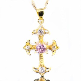 RIZILIA Crucifix Cross Pendant with 45cm(18") Chain & Round Cut Gemstones CZ [Pink Sapphire] in 18K Yellow Gold Plated, Simple Modern Elegance