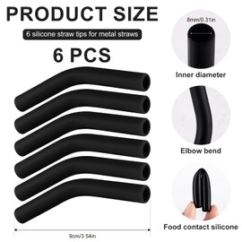 6pcs Silicone Straw Tips, Reusable Straw Tips Covers Replacement Straw Extender Tip Silicone Straw Elbows Tips Fit for 8mm 5/16 inch Outer Diameter Metal Stainless Steel Straws Accessories(Black)