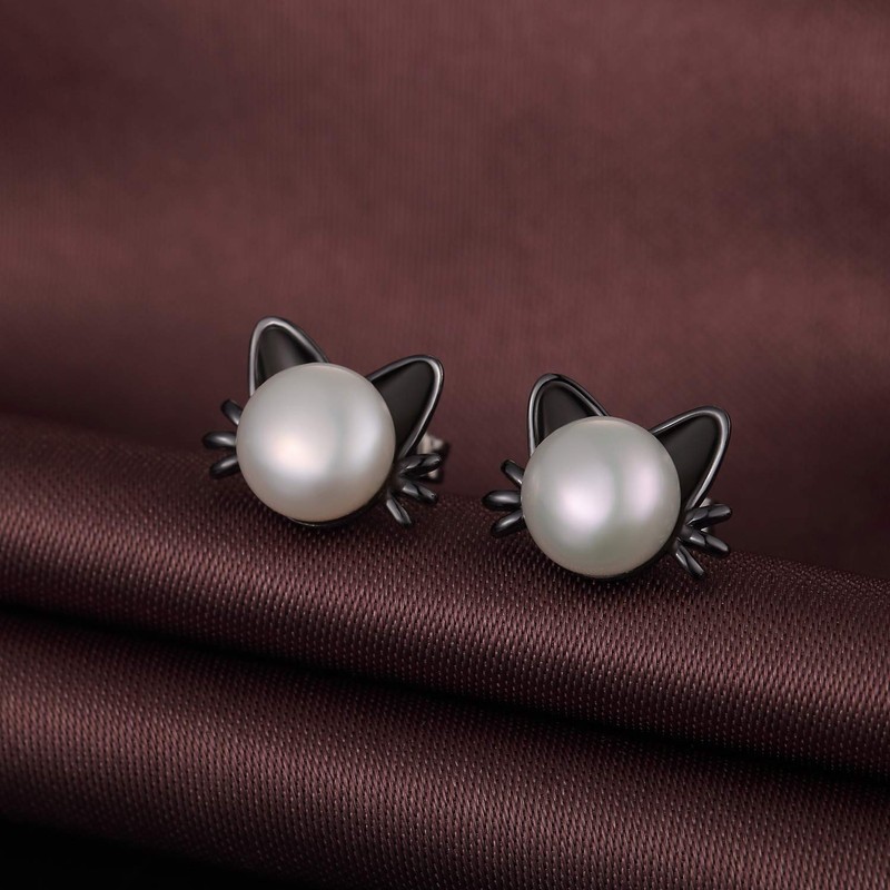 Cat Earrings Freshwater Pearl Stud Earings 925 Sterling Silver Earrings