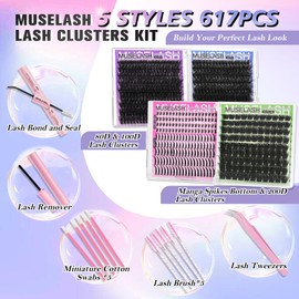 Fluffy Lash Clusters Kit 5 Styles Volume Eyelash Clusters 617 PCS Lashes Clusters with Manga Bottom 80D 100D 200D Full Cluster Eyelash Extensions Kit with Lash Bond and Seal Remover Tweezers Brush