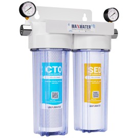 Max Water 2 Stage (Sediment, Odor & Improving Taste) Whole House 10 inch, Standard Water Filtration System with Pressure Gauge - Clear Housing - Sediment + CTO - ¾ Inlet/Outlet