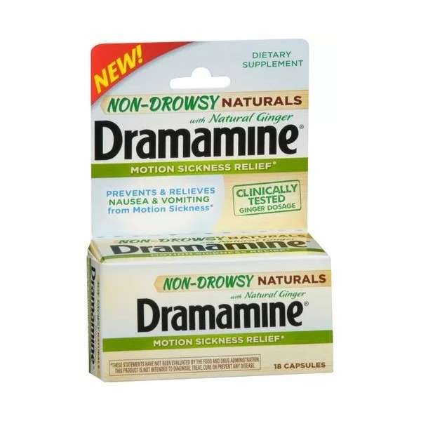 ON CONTAINER DRAMAMINE NON DROWSY NATURALS TABLETS 18 COUNT