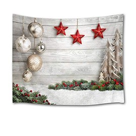 HVEST Christmas Tapestry Wall Hanging Christmas Tree and Bells Stars on Wooden Plank Backdrop Pine Tree Wall Blanket Xmas Tapestry for Bedroom Room Dorm Outdoor Decor,80W X 60H Inches