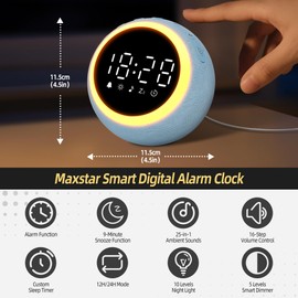 Smart Digital Alarm Clock with 25 Relaxation Tones, Night Light, Snooze Button, Timer & Adjustable Volume/Brightness - White Noise Sleeping Aid for Children, Girls, Adults in Bedroom