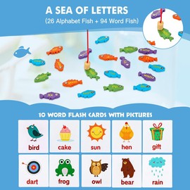 Wooden Magnetic Fishing Sight Words Game Learning, Alphabet Puzzle Flashcards Montessori Toys with 2 Play Modes, Homeschool Sight Word Educational Toy for Preschool Kids