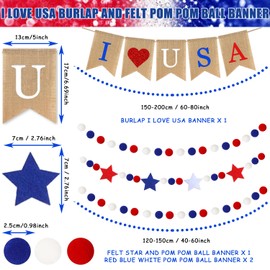I Love USA Banner, 4 Pcs 4th of July Decorations Burlap Bunting Pennant, Felt Star with Pom Pom Ball Red White and Blue Garland for Indenpendent Memorial Labor Day Patriotic Citizenship Party Supplies