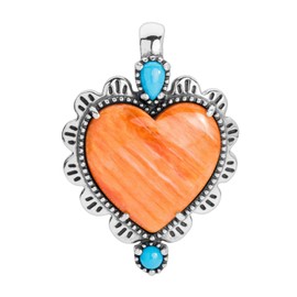 American West Sterling Silver Women's Pendant Enhancer Pink Orange & Blue Turquoise Gemstone Concha Heart