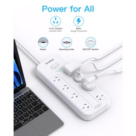 One Beat Power Board Surge Protected, Power Strip with 8 AC Outlets, USB Power Board with 1.2M Extension Cord, 900J Surge Protection, Flat Plug, Wall Mount for Home Office