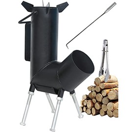 Rocket stove with handle, A portable wood burning camping stove with a fire poker & tongs. wood burning Rocket stove with Large Fuel Chamber Best for outdoor cooking. tent heater & emergency.