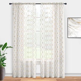 Kotile White and Gold Sheer Curtains 63 Inch Length 2 Panels Set Gold Metallic Pattern Glitter Sheer Curtains for Bedroom, Rod Pocket Light Filtering Shimmer Ogee Sheer Curtains, W52 x L63 Inch