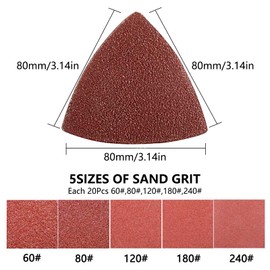 Alppihym 100 pieces triangle sandpaper set, 80 mm, 5 grits (60/80/120/180/240), 20 pieces each, Velcro sandpaper for delta sanders, for wood, metal, plaster, fibreglass (80 x 80 mm)